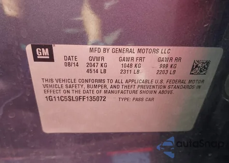 2015 Chevrolet Malibu 1Lt from USA, damaged, VIN 1G11C5SL9FF135072